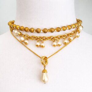 Layered Gold Pearl Statement Necklace Featuring Choker Chain & Pendant - 3 Piece